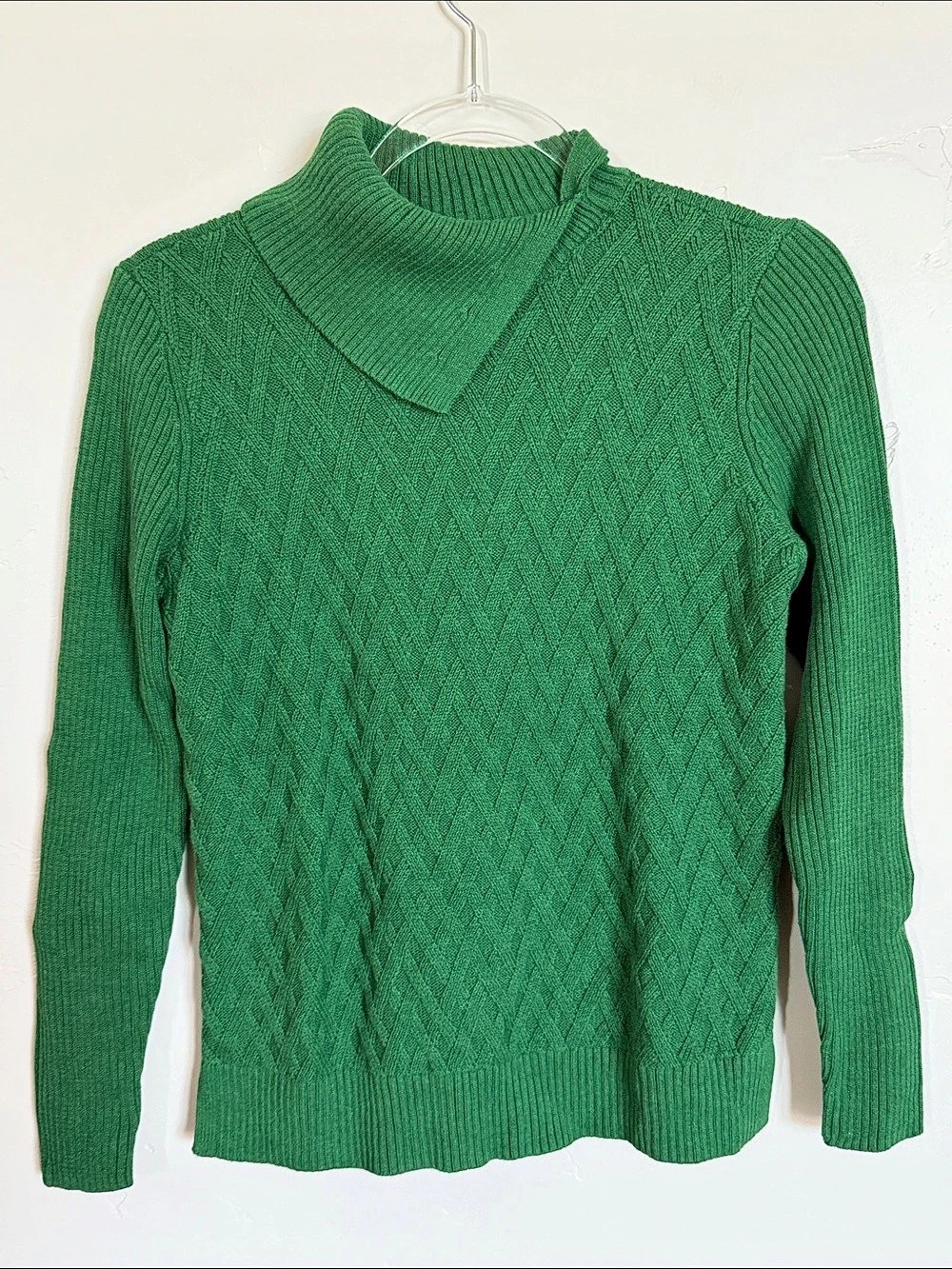 Lands' End Cable Knit Turtleneck Cotton Sweater in Green Size XS